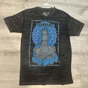 Mens Large Affliction Black Short Sleeve Shirt Black Blue Tarot Live Fast